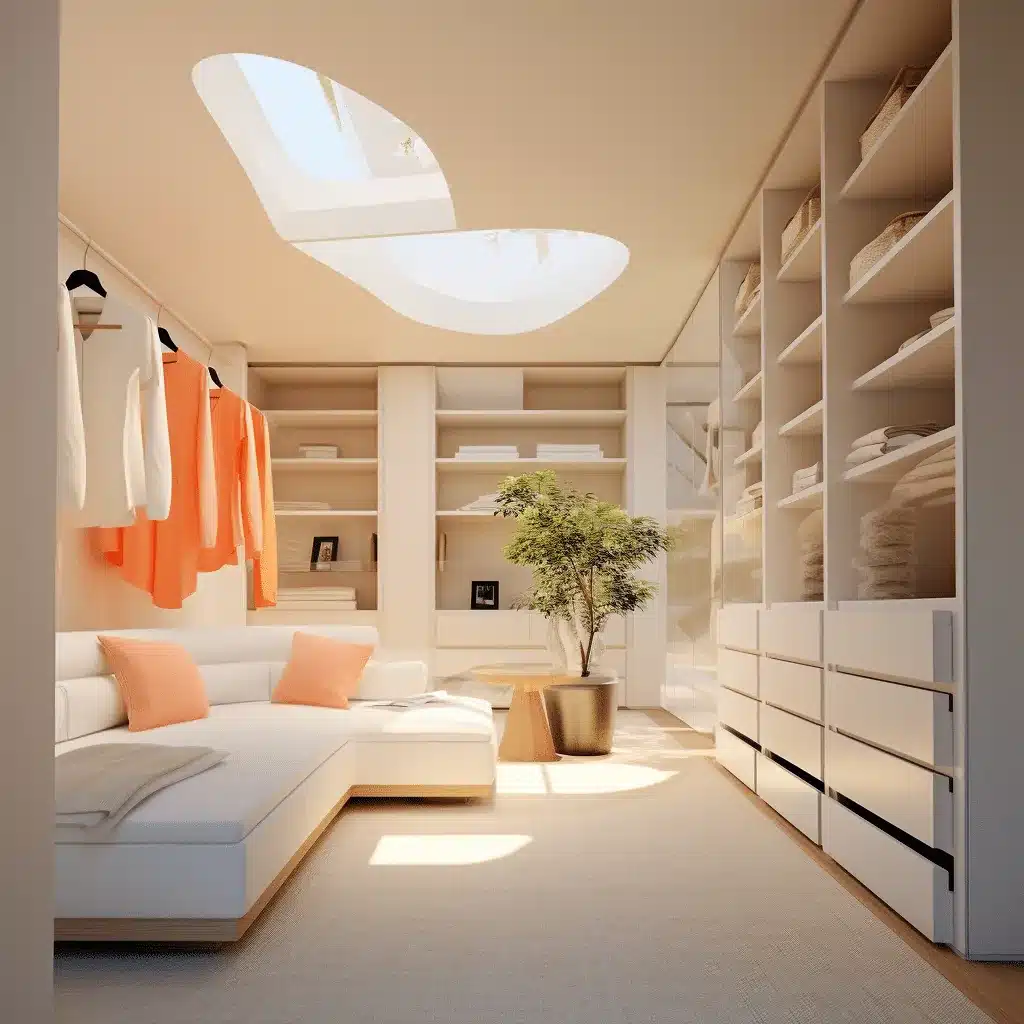 Pièce moderne avec rangements intégrés du sol au plafond, banquette et puits de lumière