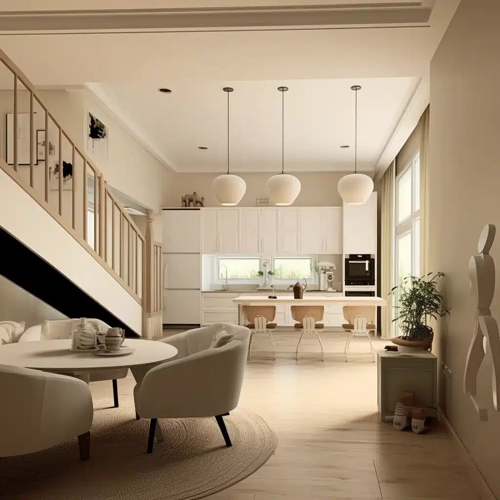 Aménagement intérieur moderne (illustration) — ECP Rénovation Intérieur moderne avec escalier, cuisine ouverte et coin repas aux tons clairs