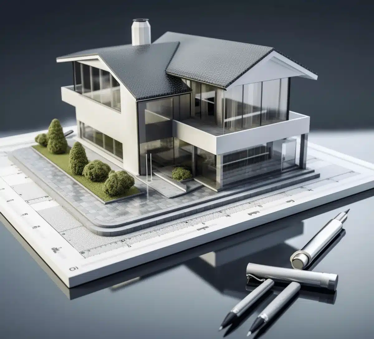 Maquette d'une maison sur plan (illustration) — ECP Rénovation Maquette 3D d'une maison moderne posée sur un plan d'architecte