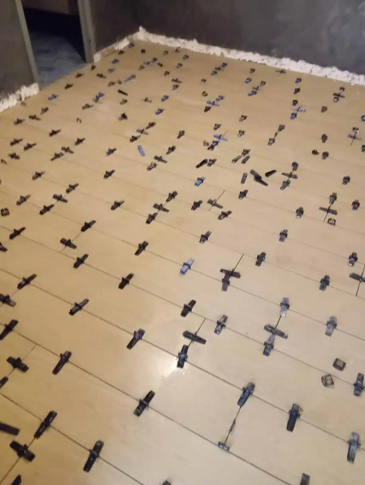 Carrelage au sol en cours de pose avec croisillons et cales de nivellement