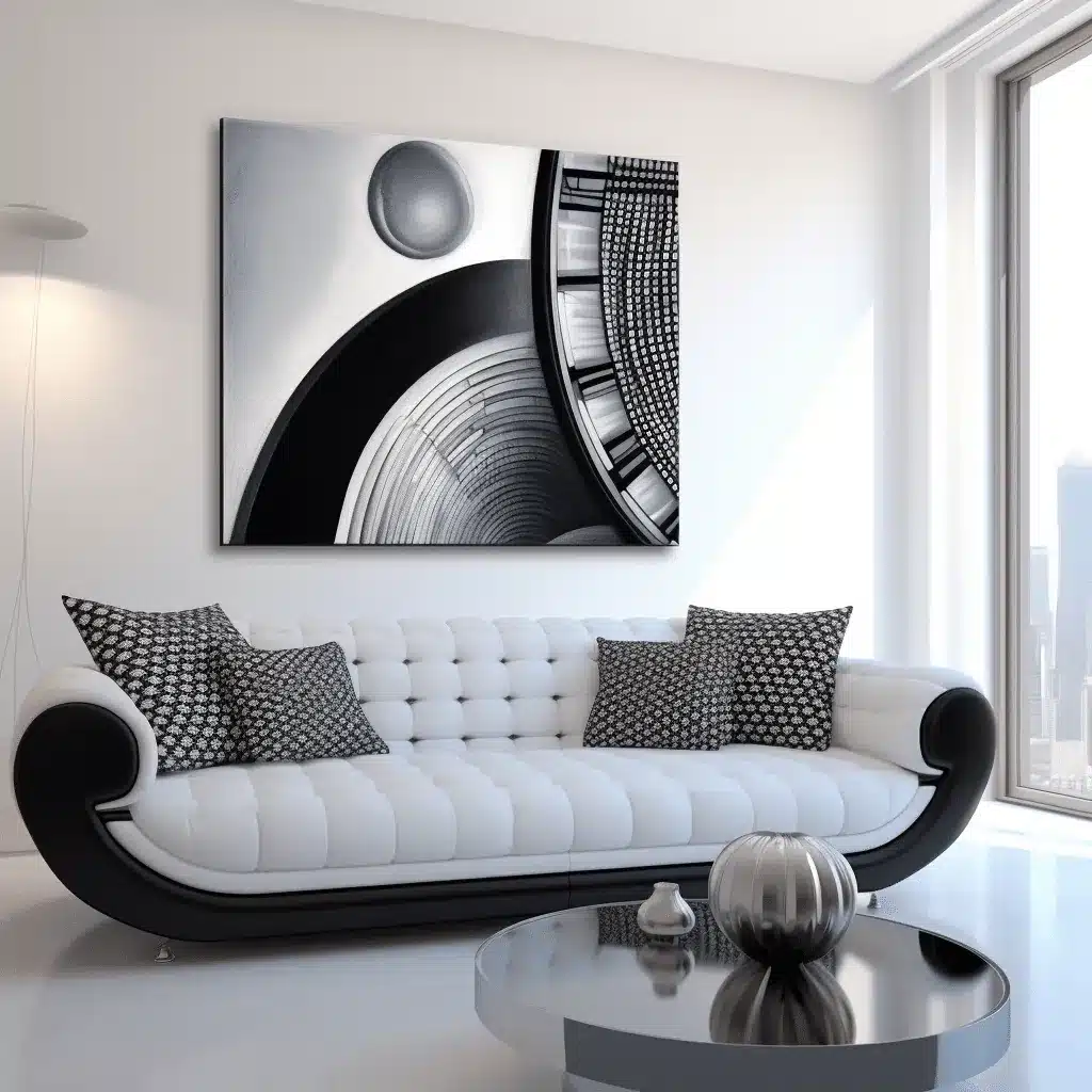 Salon moderne et luxueux (illustration) — ECP Rénovation Salon moderne avec canapé blanc capitonné, table basse en verre et tableau